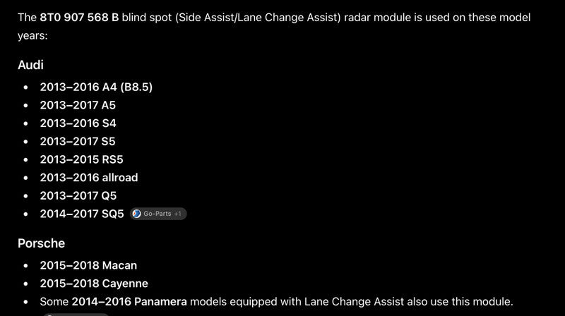 2013-2018 Porsche Macan Cayenne Audi A4 A5 S4 S5 Q5 Blind Spot Sensor