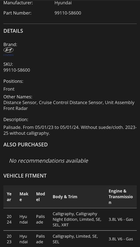2023-2024 Hyundai Palisade Front Radar Sensor OEM 99110-S8150