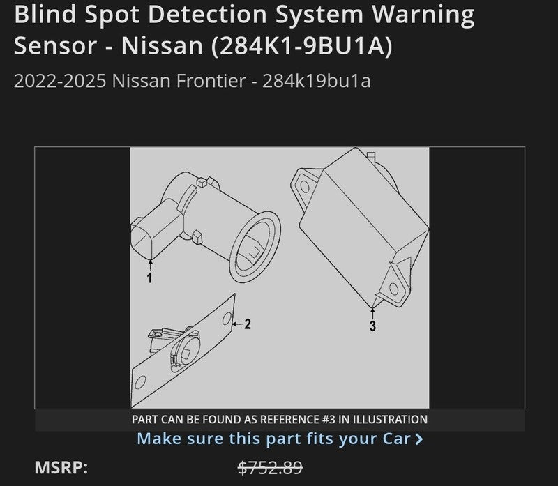 2022-2025 Frontier Blind Spot Sensor Right OEM 284K1-9BU1A