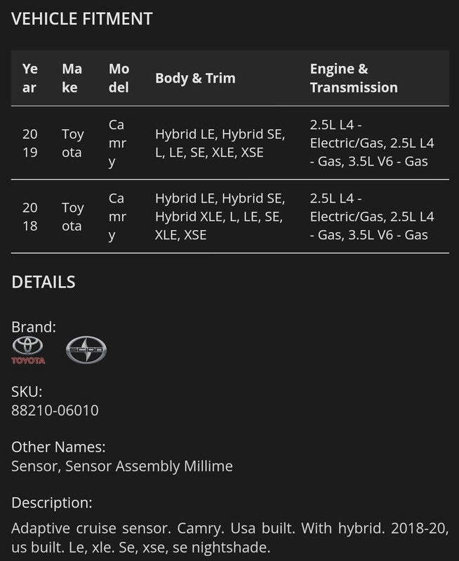 2018-2019 Toyota Camry Radar Sensor Front OEM 88210-06010